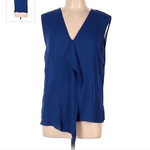 Lark & Ro Blue Ruffle Front V-Neck Sleeveless Top Blouse Women's Large L Career
